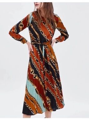 Zara TRF Chain-Print Long Sleeve Midi Dress in Rust & Black